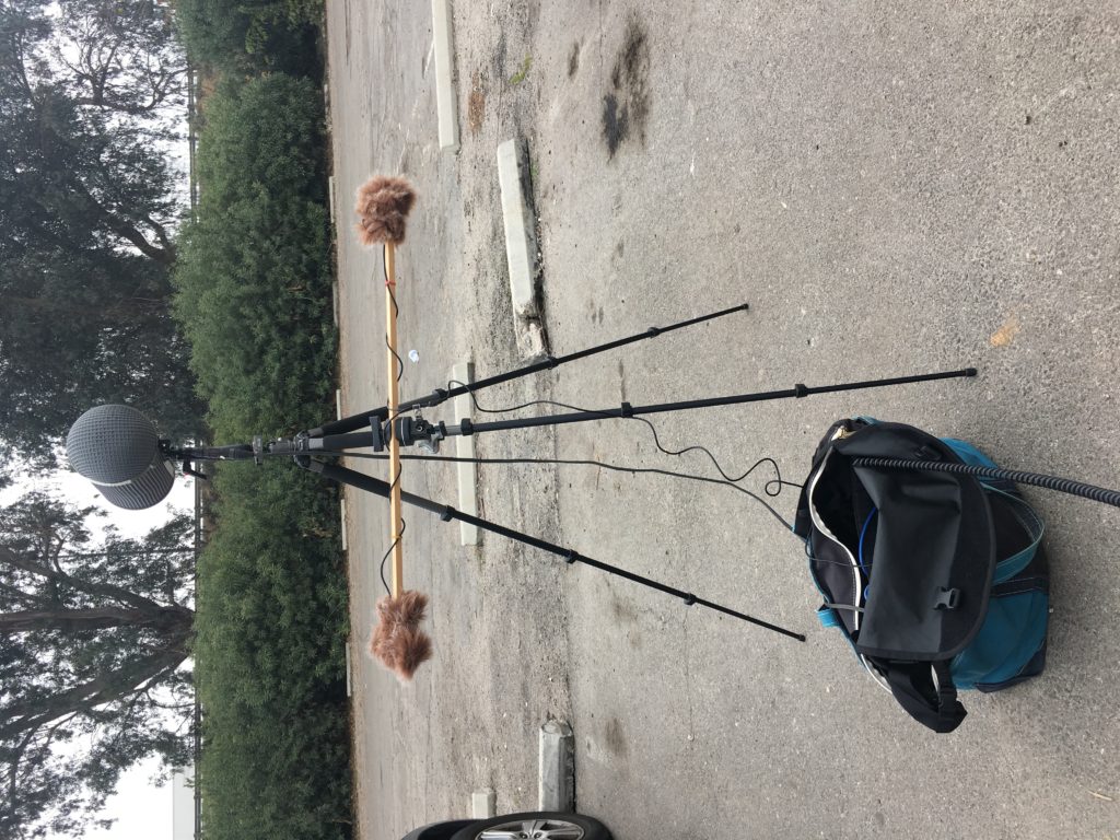 Photo of experimental quadrophonic recording setup, being tested in a hotel parking lot in Bakersfield, CA